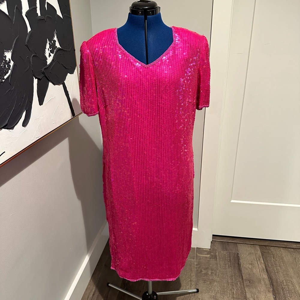 Vintage Roaman's Hot Pink Beaded Sequin Dress